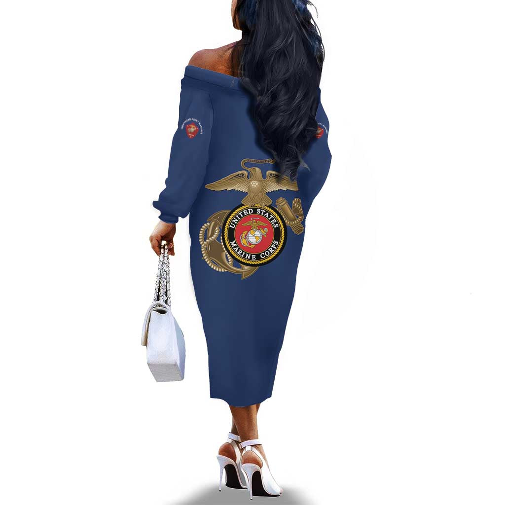 African American Heroes Off The Shoulder Long Sleeve Dress Montford Point Marines - Blue - African Pride