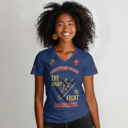 African American Heroes Women V-Neck T-Shirt Montford Point Marines - Blue - African Pride