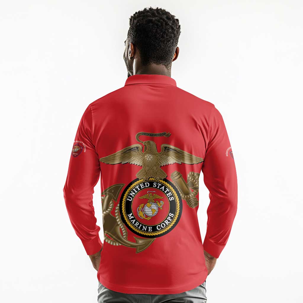 African American Heroes Long Sleeve Polo Shirt Montford Point Marines - Red - African Pride