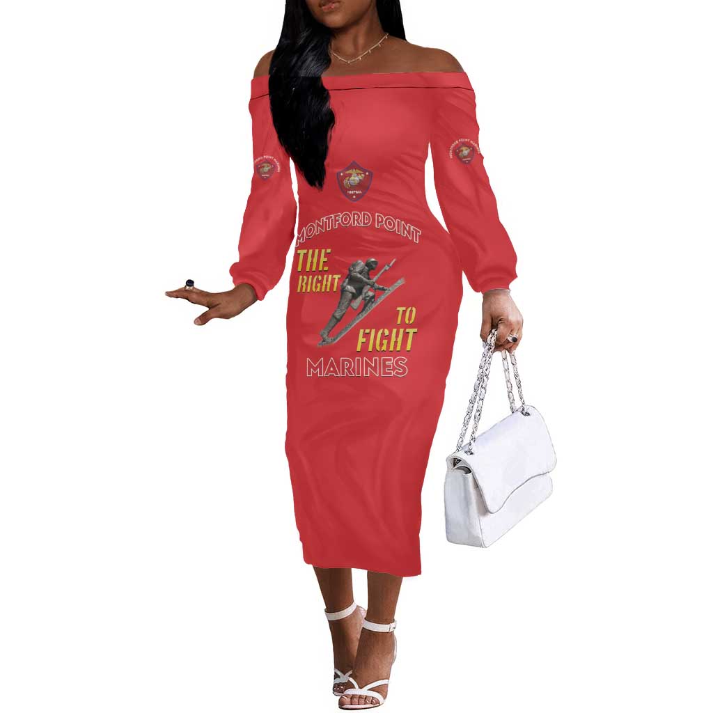 African American Heroes Off The Shoulder Long Sleeve Dress Montford Point Marines - Red - African Pride