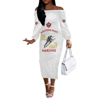 African American Heroes Off The Shoulder Long Sleeve Dress Montford Point Marines - White - African Pride