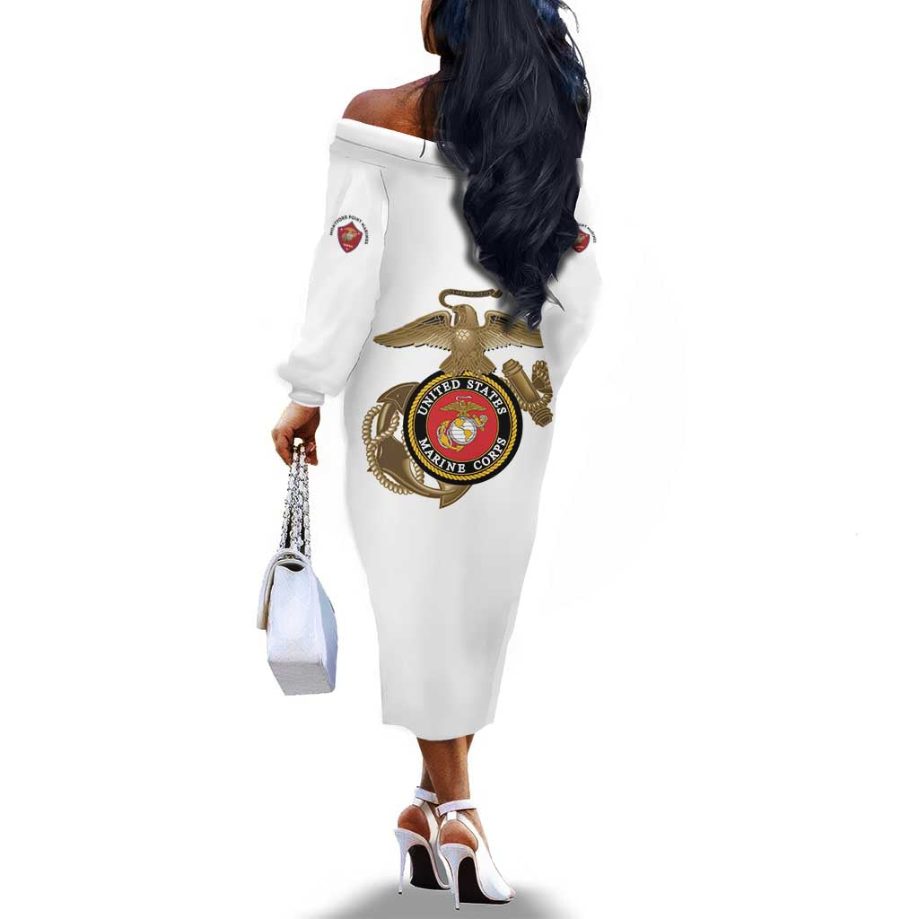 African American Heroes Off The Shoulder Long Sleeve Dress Montford Point Marines - White - African Pride