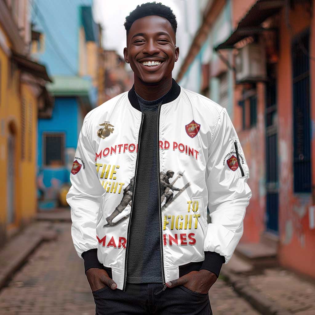 African American Heroes Sleeve Zip Bomber Jacket Montford Point Marines - White - African Pride
