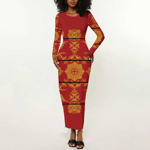 Basotho Blanket Long Sleeve Bodycon Dress Lesotho Seanamarena Kharetsa Royal Red - African Pride