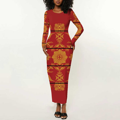 Basotho Blanket Long Sleeve Bodycon Dress Lesotho Seanamarena Kharetsa Royal Red - African Pride