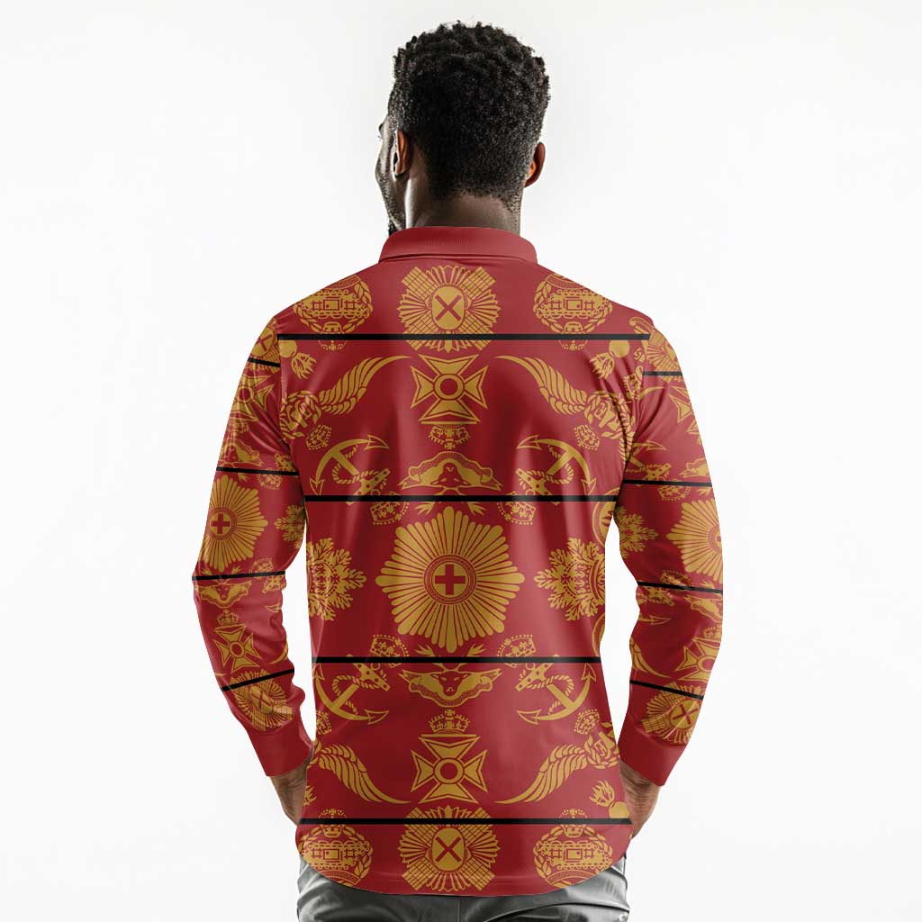 Basotho Blanket Long Sleeve Polo Shirt Lesotho Seanamarena Kharetsa Royal Red - African Pride