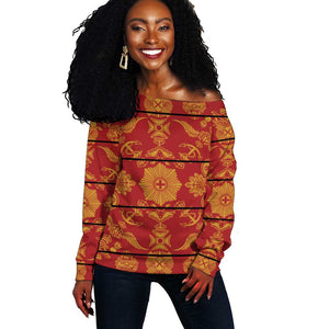 Basotho Blanket Off Shoulder Sweater Lesotho Seanamarena Kharetsa Royal Red - African Pride