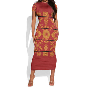 Basotho Blanket Short Sleeve Bodycon Dress Lesotho Seanamarena Kharetsa Royal Red - African Pride