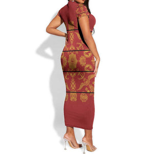 Basotho Blanket Short Sleeve Bodycon Dress Lesotho Seanamarena Kharetsa Royal Red - African Pride