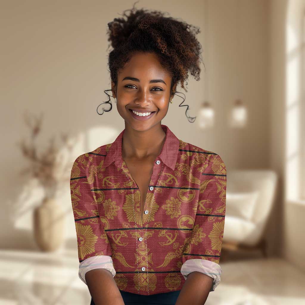 Basotho Blanket Women Casual Shirt Lesotho Seanamarena Kharetsa Royal Red - African Pride
