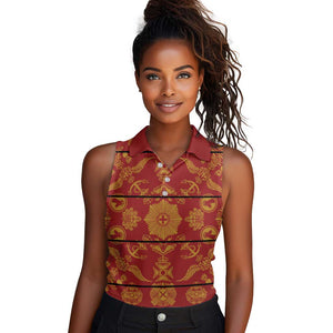 Basotho Blanket Women Sleeveless Polo Shirt Lesotho Seanamarena Kharetsa Royal Red - African Pride