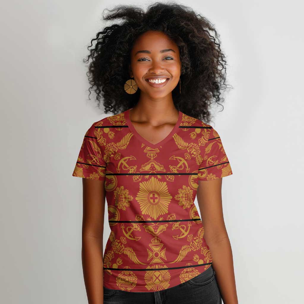 Basotho Blanket Women V-Neck T-Shirt Lesotho Seanamarena Kharetsa Royal Red - African Pride