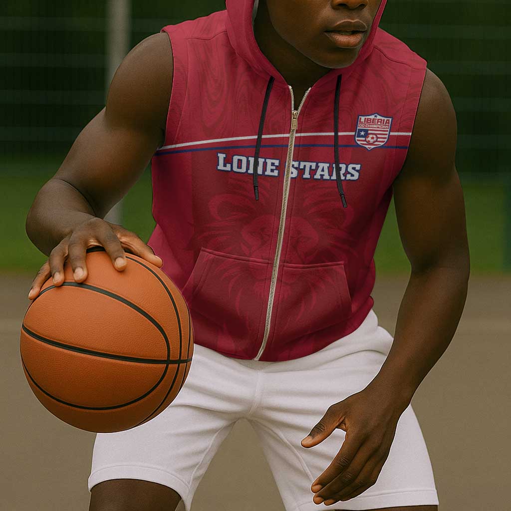Custom Liberia Sleeveless Zip Hoodie Football Lion Mascot - Red - African Pride