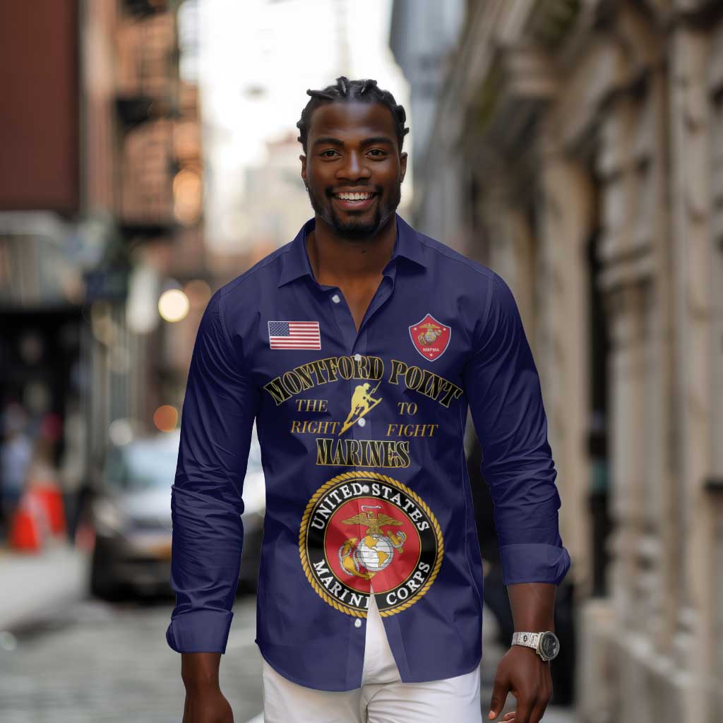 Montford Point Marines Long Sleeve Button Shirt African American Heroes Navy Blue - African Pride