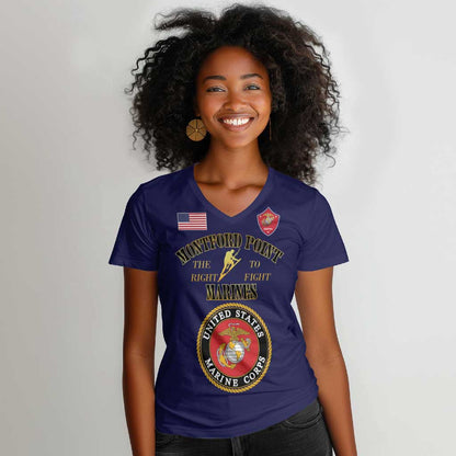 Montford Point Marines Women V-Neck T-Shirt African American Heroes Navy Blue - African Pride