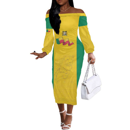 Afro Benin Football Custom Off The Shoulder Long Sleeve Dress Come On Les Guepards - African Pride