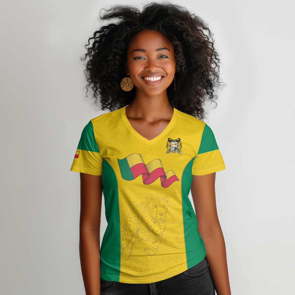 Afro Benin Football Custom Women V-Neck T-Shirt Come On Les Guepards - African Pride