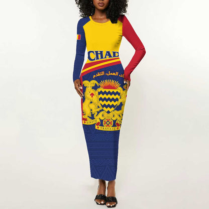 Afro Tchad Personalised Long Sleeve Bodycon Dress Coat Of Arms - African Pattern