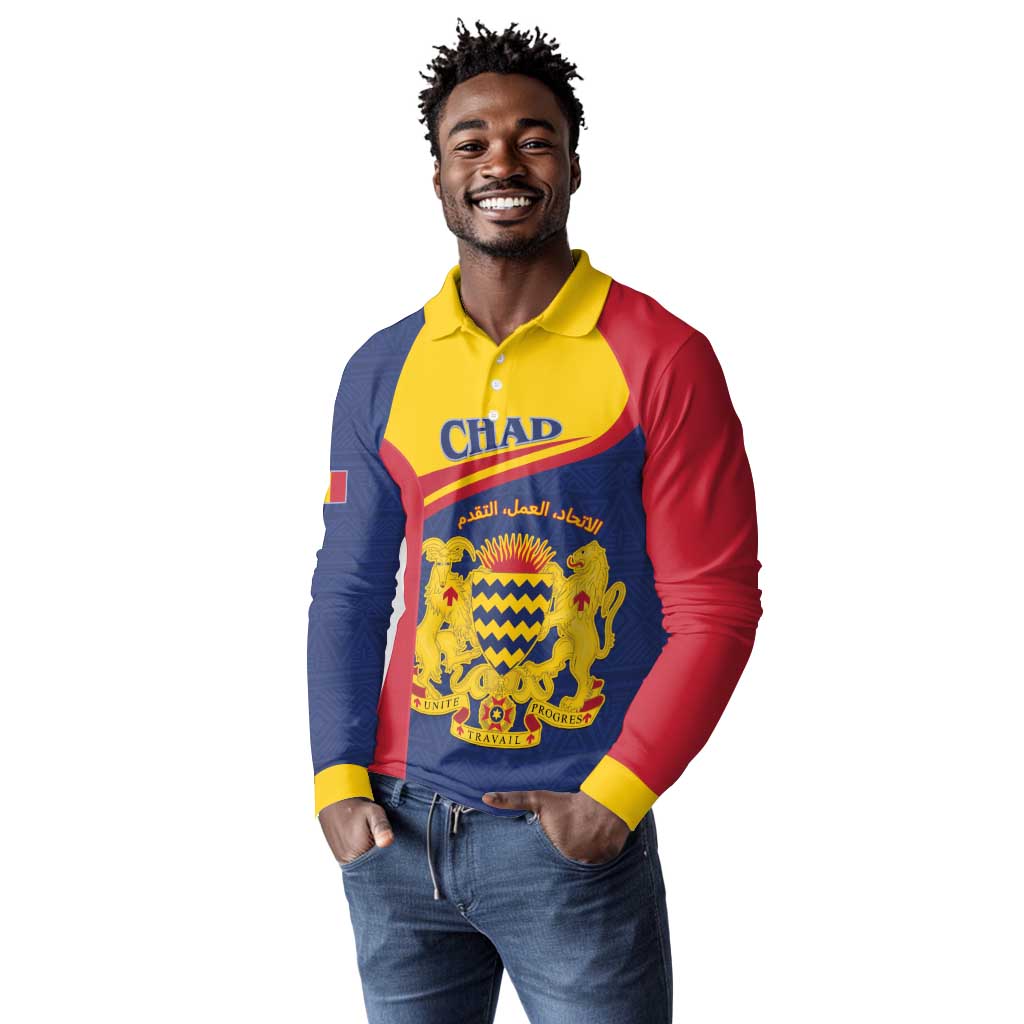 Afro Tchad Personalised Long Sleeve Polo Shirt Coat Of Arms - African Pattern