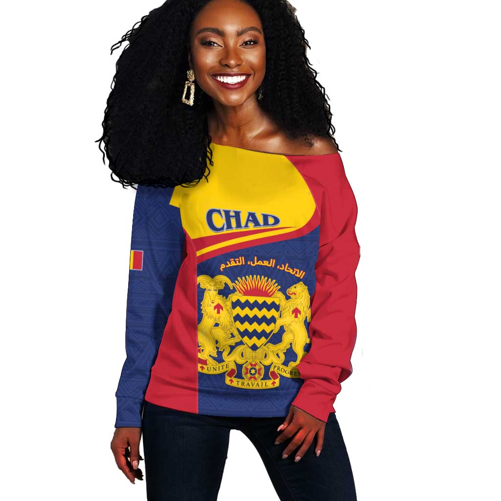 Afro Tchad Personalised Off Shoulder Sweater Coat Of Arms - African Pattern