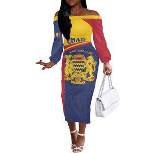 Afro Tchad Personalised Off The Shoulder Long Sleeve Dress Coat Of Arms - African Pattern
