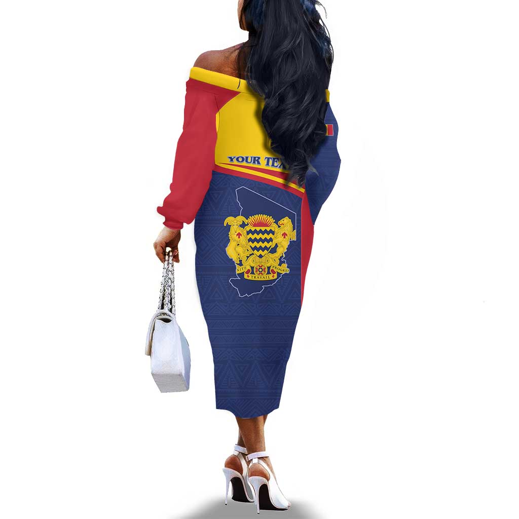 Afro Tchad Personalised Off The Shoulder Long Sleeve Dress Coat Of Arms - African Pattern