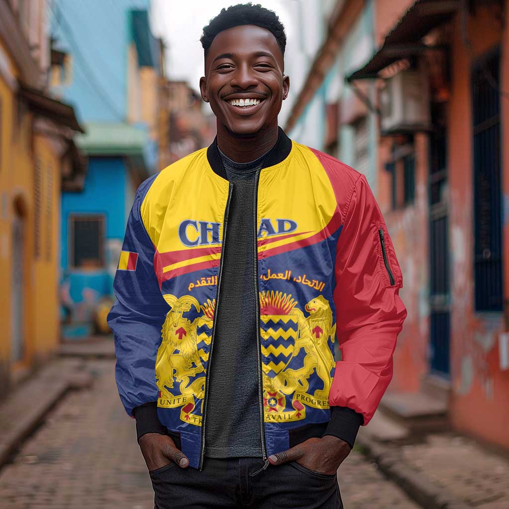 Afro Tchad Personalised Sleeve Zip Bomber Jacket Coat Of Arms - African Pattern