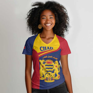 Afro Tchad Personalised Women V-Neck T-Shirt Coat Of Arms - African Pattern