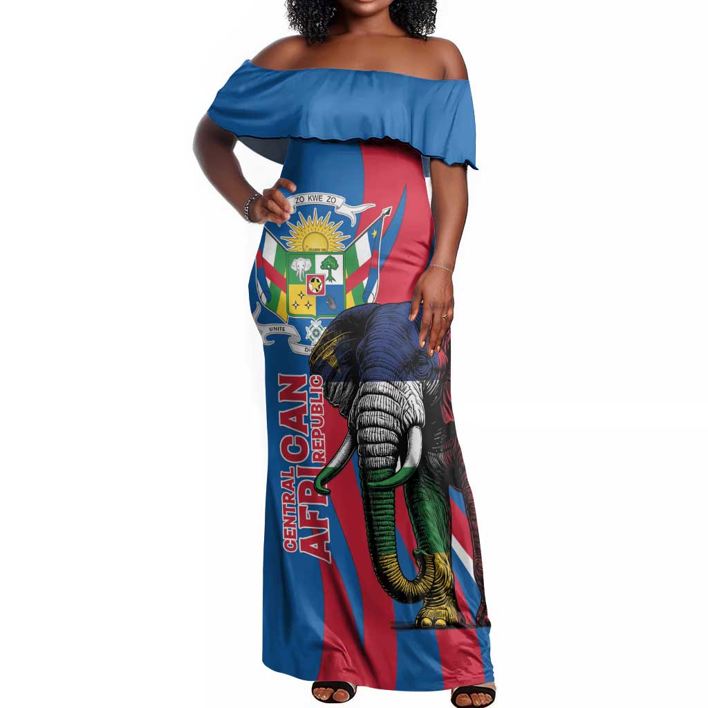 Personalised Central African Republic Elephant Off Shoulder Maxi Dress Coat Of Arms With Map