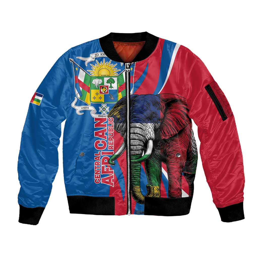 Personalised Central African Republic Elephant Sleeve Zip Bomber Jacket Coat Of Arms With Map