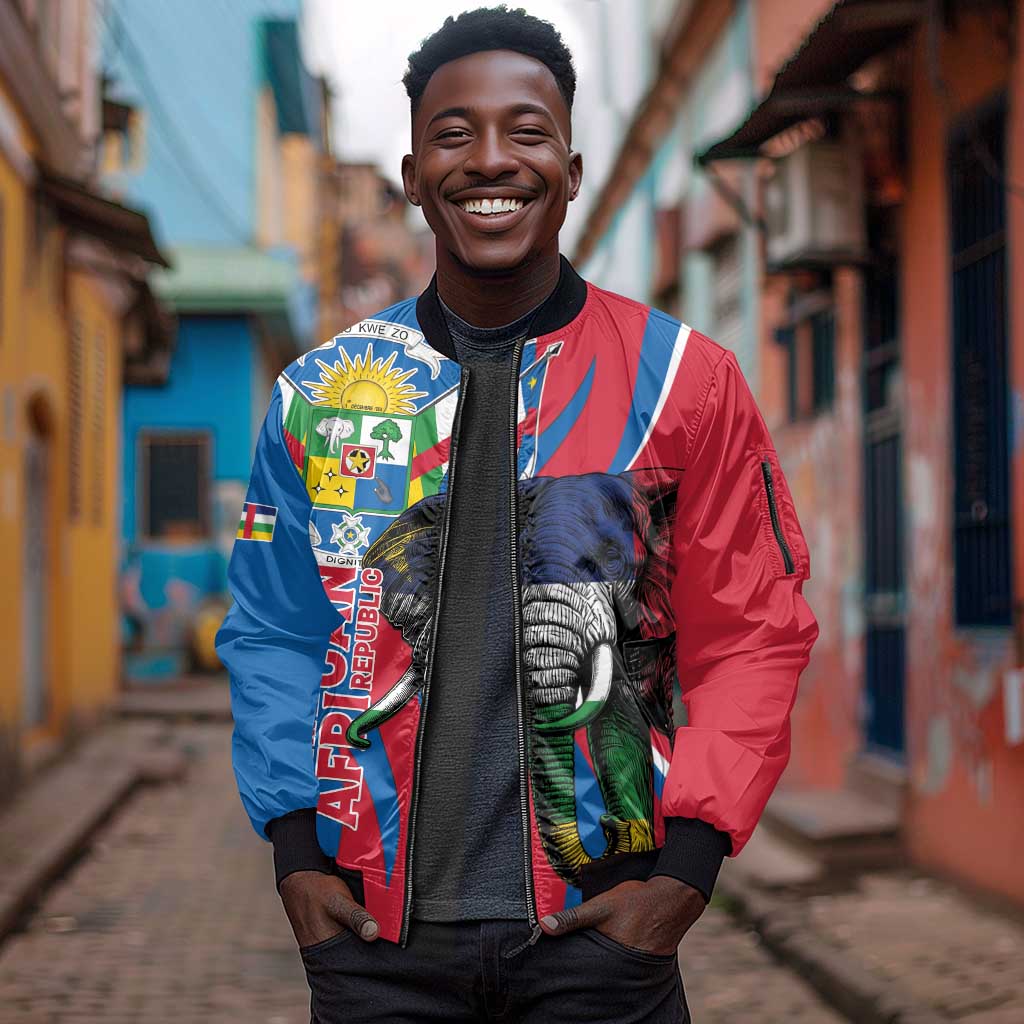 Personalised Central African Republic Elephant Sleeve Zip Bomber Jacket Coat Of Arms With Map