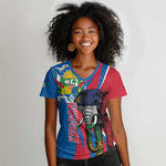 Personalised Central African Republic Elephant Women V-Neck T-Shirt Coat Of Arms With Map