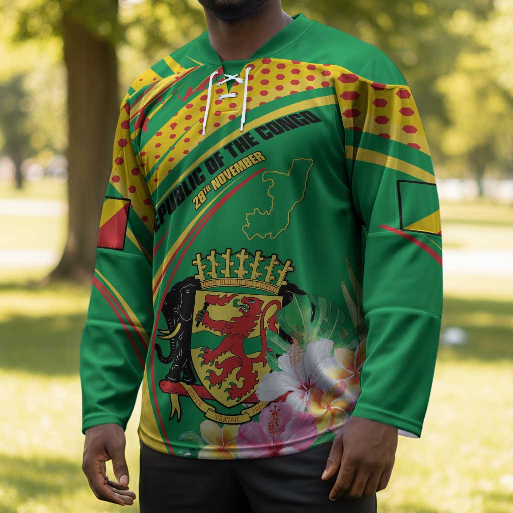 Personalized Congo Republic Day Hockey Jersey Coat Of Arms With Tropical Flower