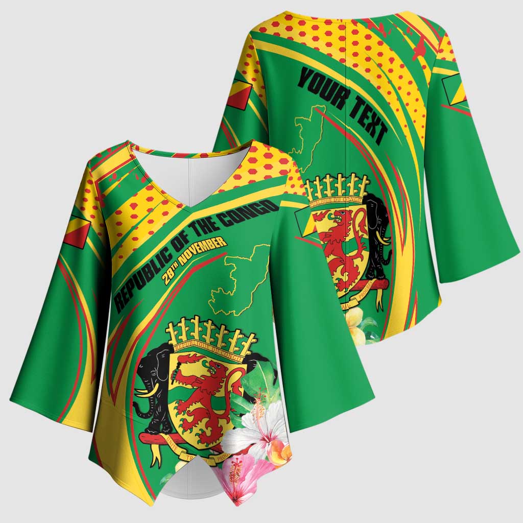 Personalized Congo Republic Day Kimono Sleeve Blouse Coat Of Arms With Tropical Flower