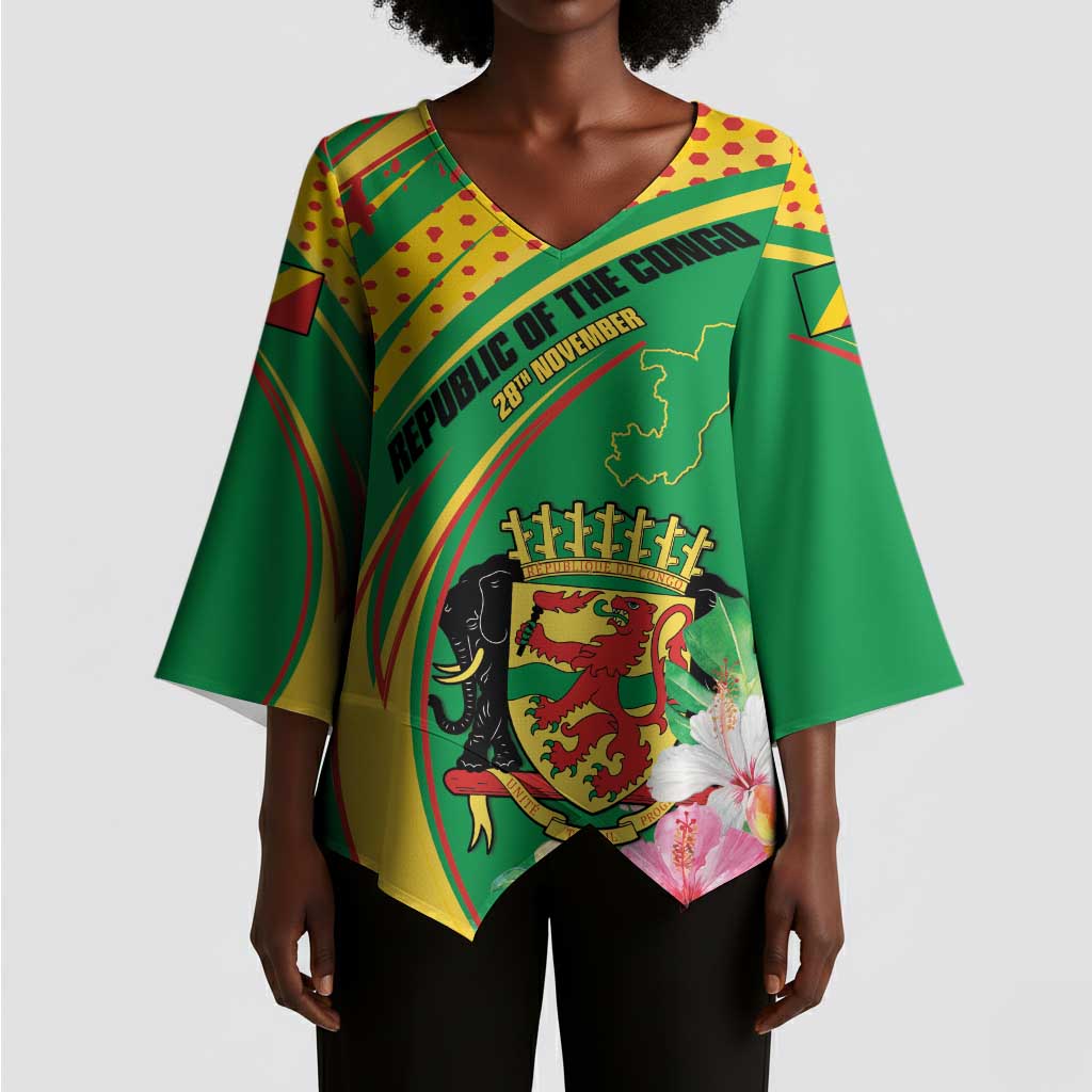 Personalized Congo Republic Day Kimono Sleeve Blouse Coat Of Arms With Tropical Flower