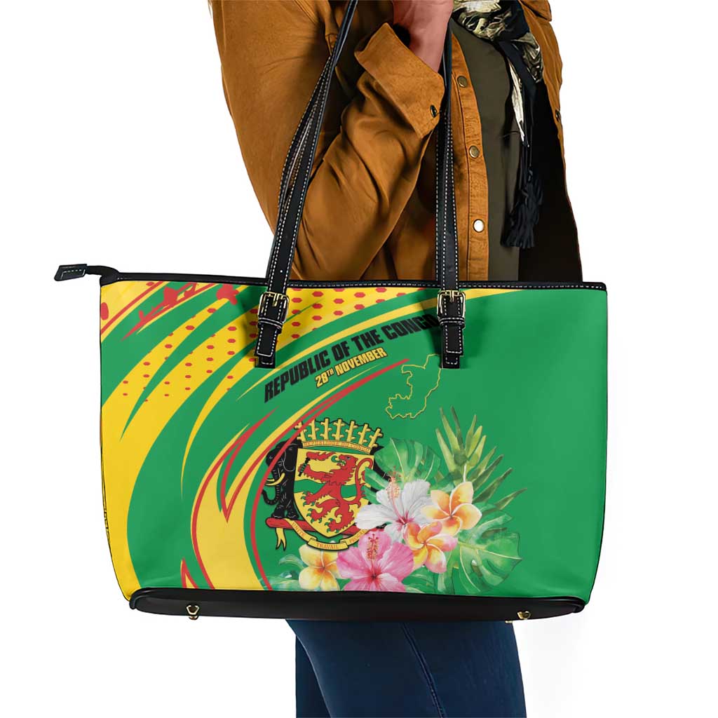 République du Congo Leather Tote Bag Happy Republic Day - Grunge Style - African Pride
