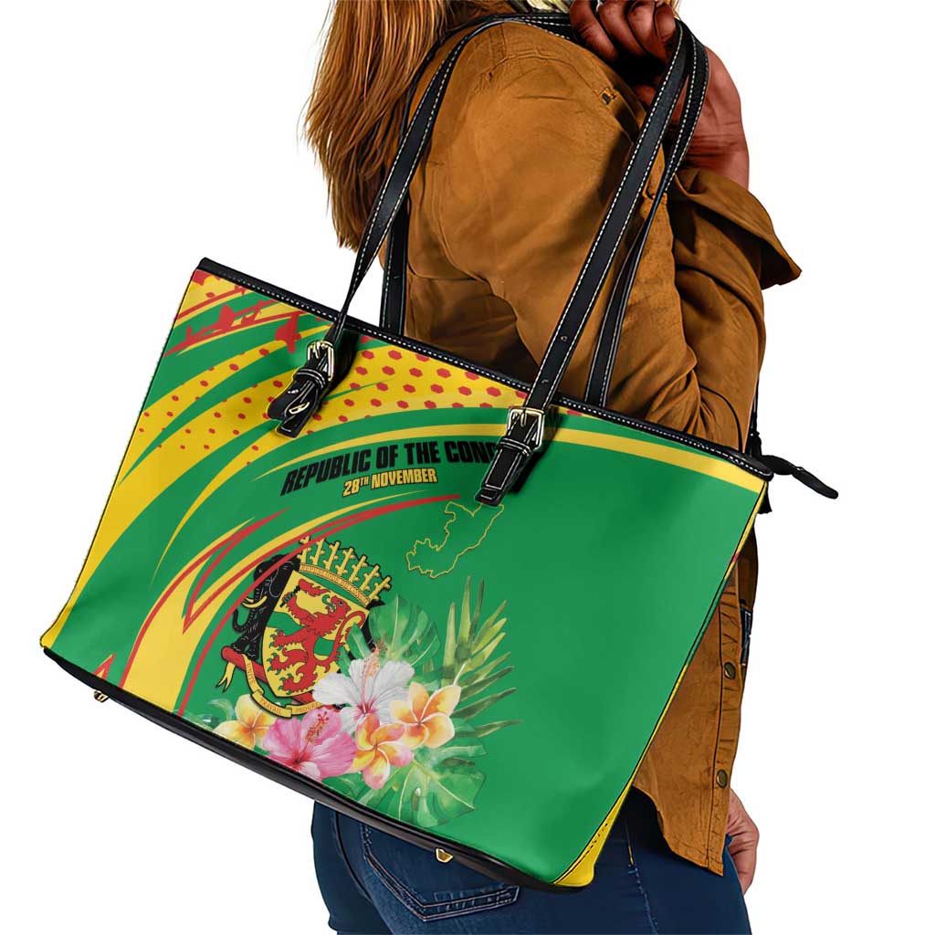 République du Congo Leather Tote Bag Happy Republic Day - Grunge Style - African Pride
