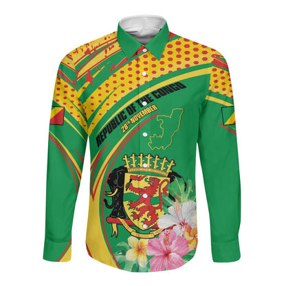 Personalized République du Congo Long Sleeve Button Shirt Happy Republic Day - Grunge Style - African Pride