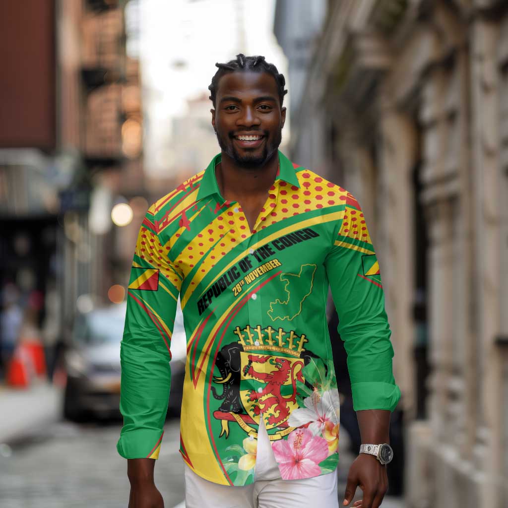 Personalized République du Congo Long Sleeve Button Shirt Happy Republic Day - Grunge Style - African Pride