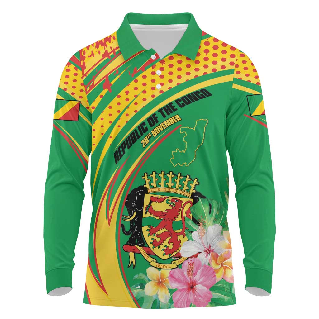 Personalized République du Congo Long Sleeve Polo Shirt Happy Republic Day - Grunge Style - African Pride