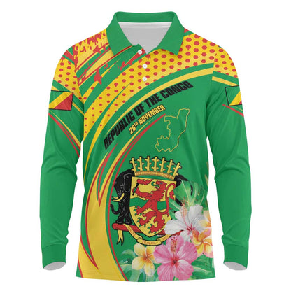 Personalized République du Congo Long Sleeve Polo Shirt Happy Republic Day - Grunge Style - African Pride