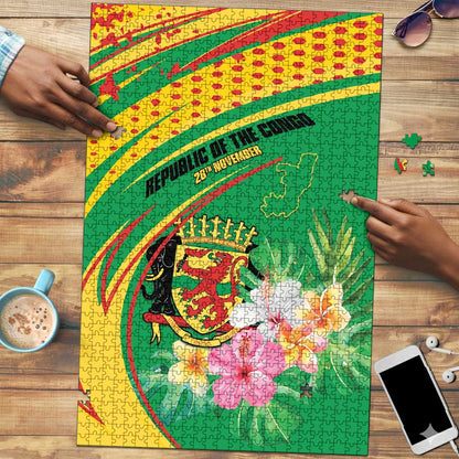 Congo Republic Day Puzzle Coat Of Arms With Tropical Flower