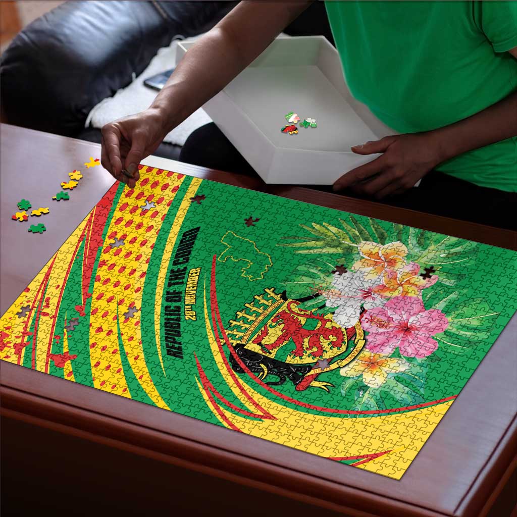 Congo Republic Day Puzzle Coat Of Arms With Tropical Flower