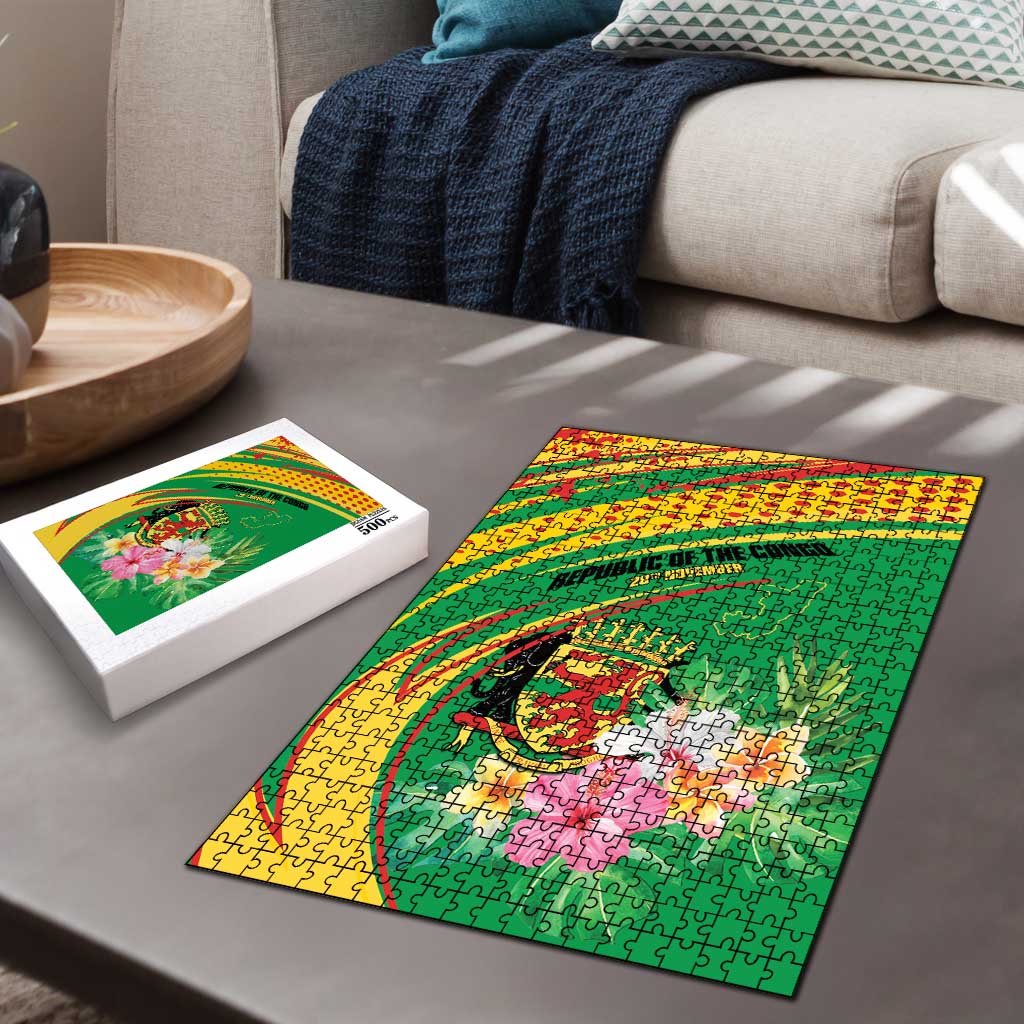 Congo Republic Day Puzzle Coat Of Arms With Tropical Flower