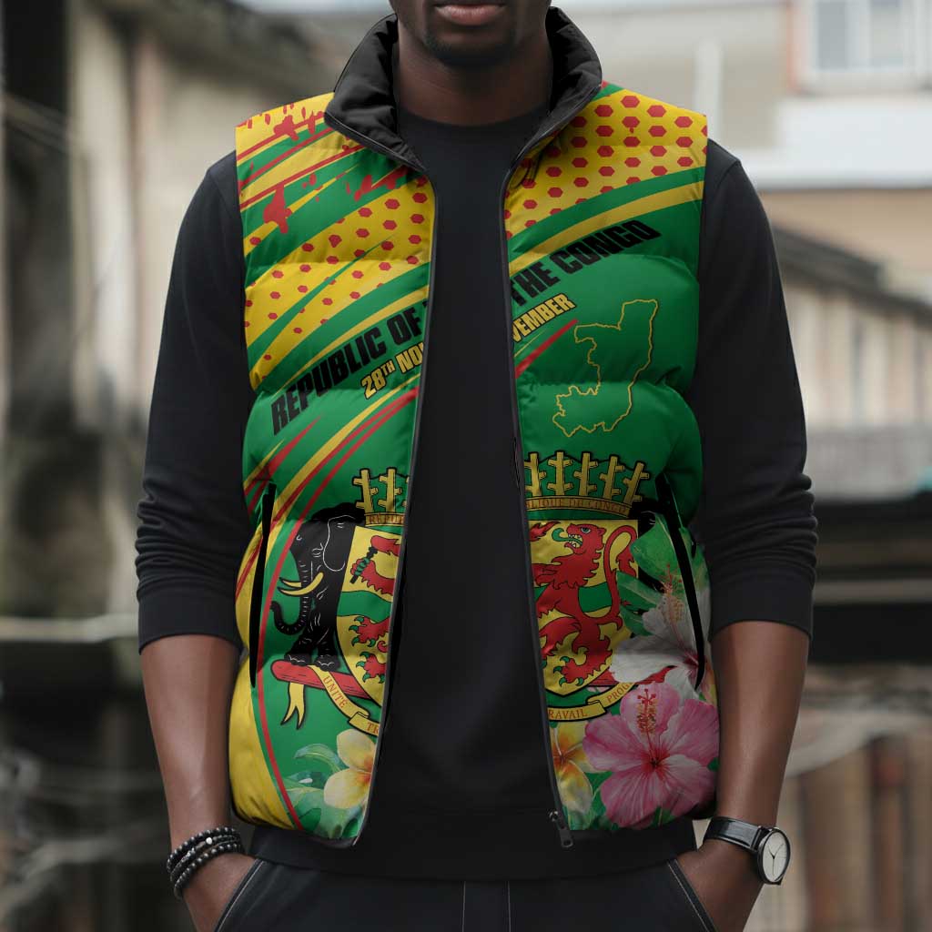 Personalized Congo Republic Day Sleeveless Puffer Jacket Coat Of Arms With Tropical Flower