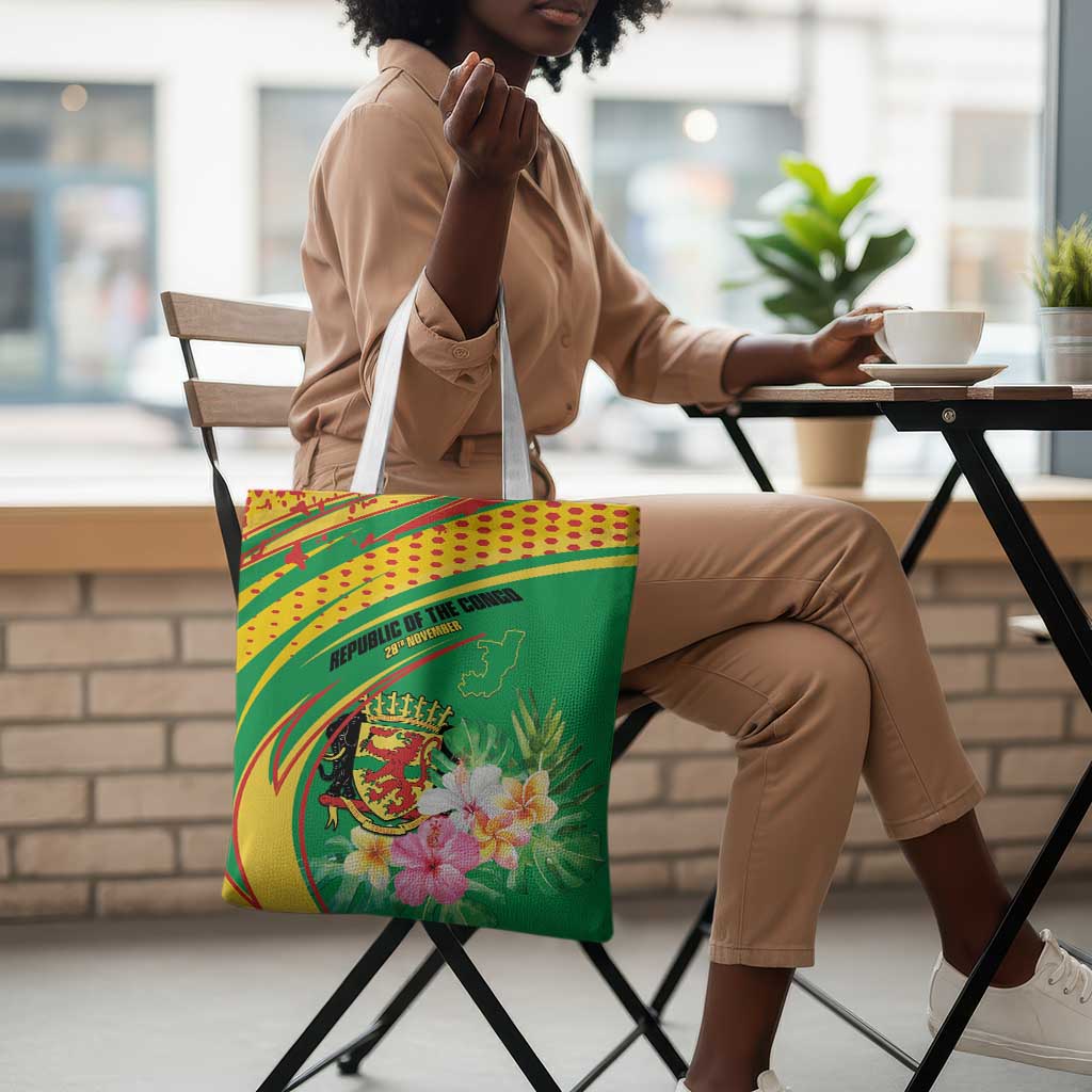 Congo Republic Day Tote Bag Coat Of Arms With Tropical Flower