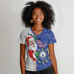 Afro Christmas in Cape Verde Women V-Neck T-Shirt Black Santa Felix Natal - African Pride