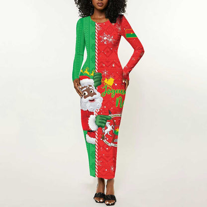 Afro Christmas in Burkina Faso Long Sleeve Bodycon Dress Black Santa Joyeux Noel - African Pride