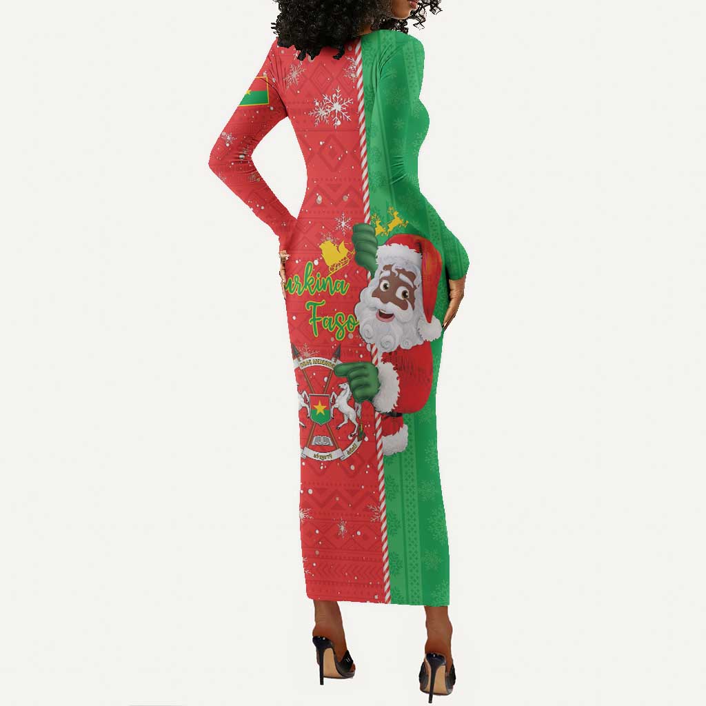 Afro Christmas in Burkina Faso Long Sleeve Bodycon Dress Black Santa Joyeux Noel - African Pride