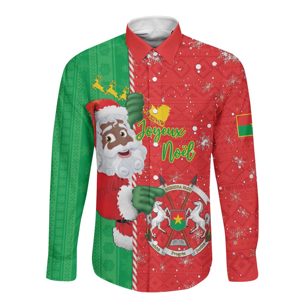 Afro Christmas in Burkina Faso Long Sleeve Button Shirt Black Santa Joyeux Noel - African Pride